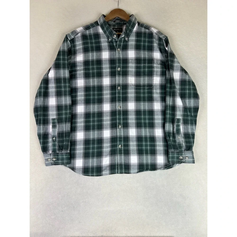 Eddie Bauer Shirt Men's XL Relaxed Fit Green Plaid Button Down Cotton Casual